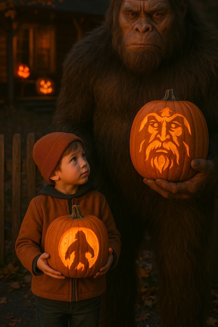 Sasquatch with a Halloween Jack-o-Lantern