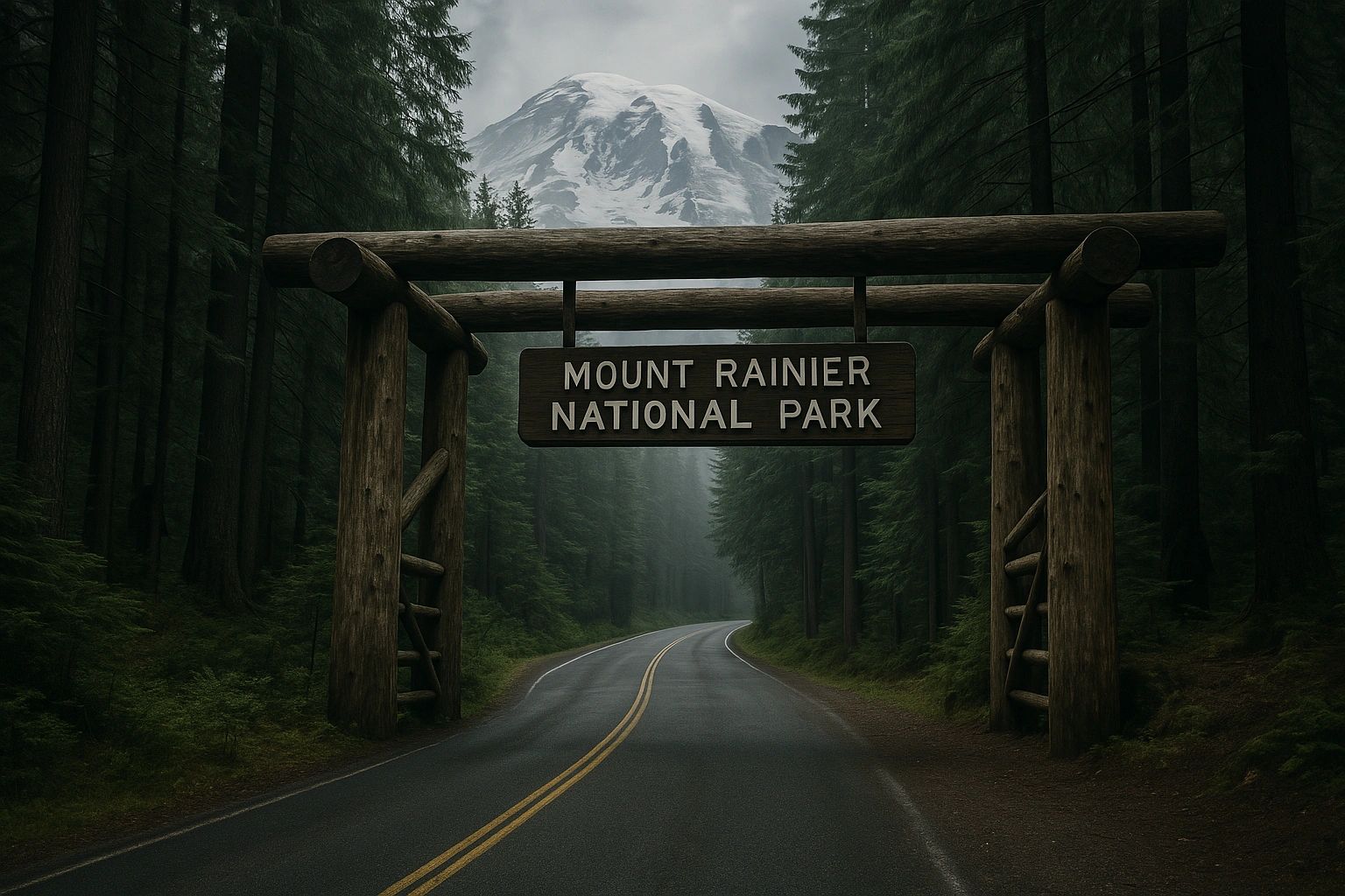 Sasquatch hiding in the forest of the Mount Rainier national park entrance