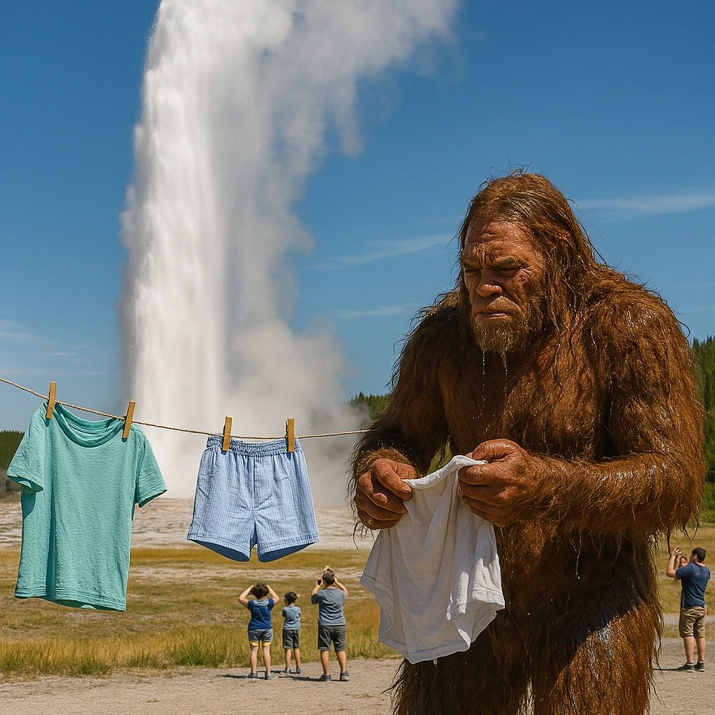 Sasquatch hanging up wet clothes after visiting old faithful in Yellowstone