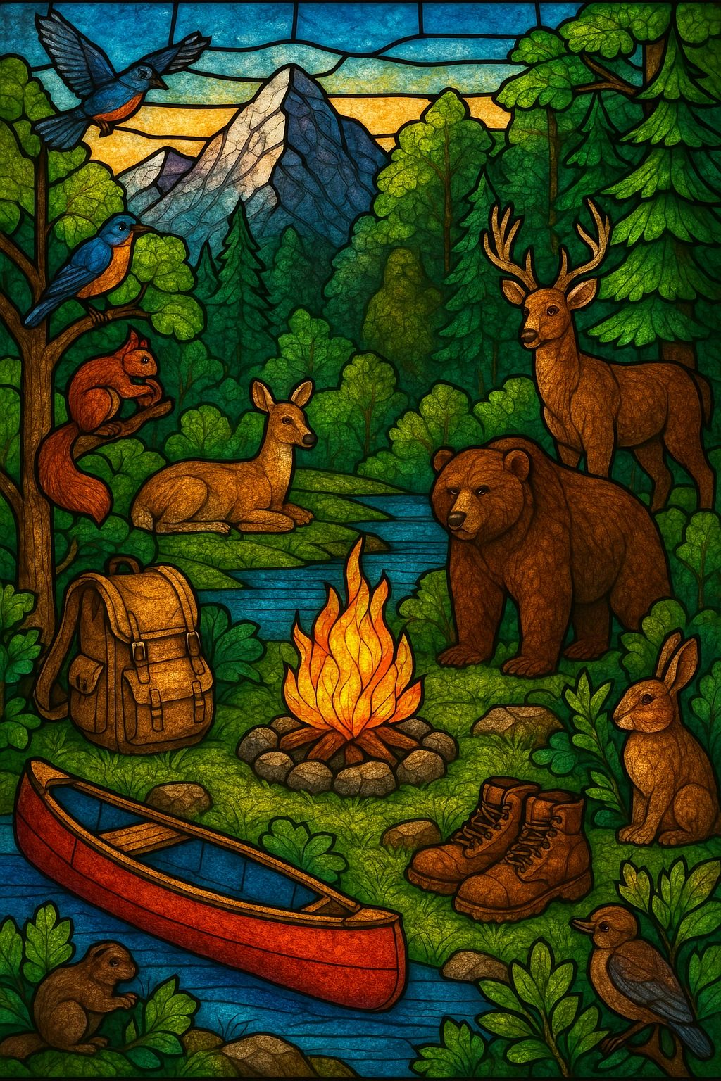 Sasquatch hiding in an outdoor scene made in stained glass