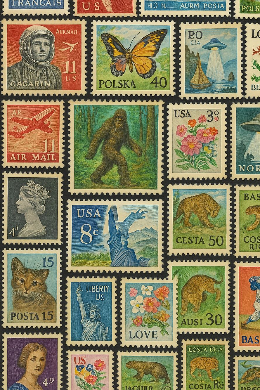 Collage of generic stamps with Sasquatch hiding on one of them.