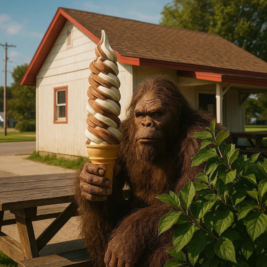The Sasquatch legend trying out the legendary ice cream at the Viking in Ventura, IA.