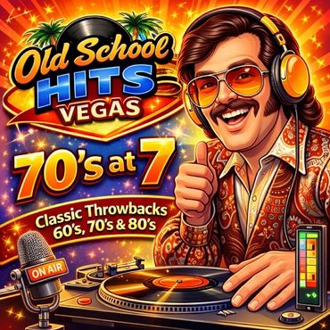 Retro DJ spinning classic 60s, 70s, and 80s hits in Vegas style.