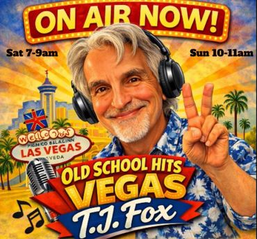 Radio show promo featuring T.J. Fox with Las Vegas theme and showtimes.