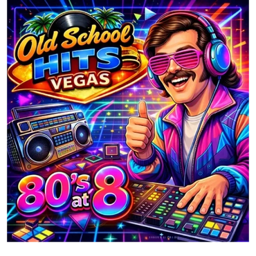 80s-themed DJ with retro sunglasses playing music at Old School Hits Vegas.
