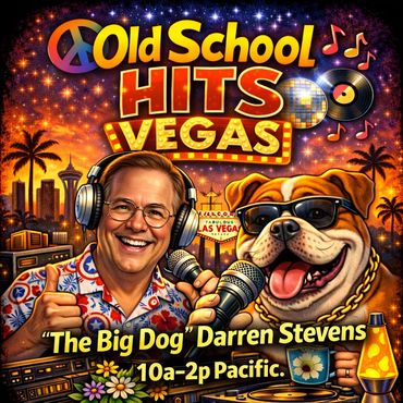 Colorful poster for Old School Hits Vegas featuring Darren Stevens and a cool dog.