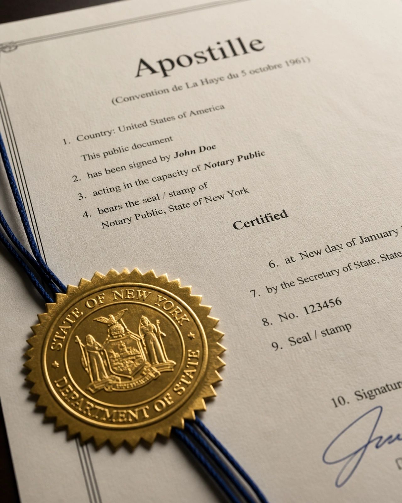 A notarized apostille document with a gold seal from New York.