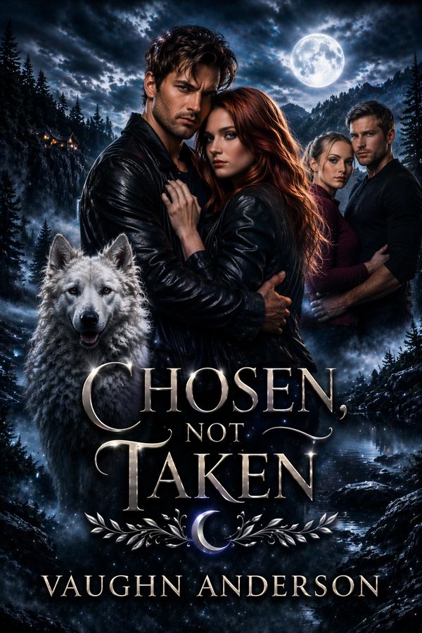 Book cover featuring four people, a wolf, and a full moon.