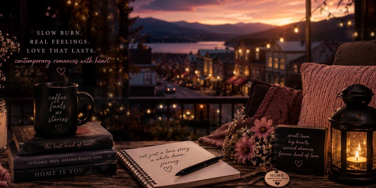 Cozy sunset scene with romantic quotes, books, coffee mug, and candlelight on a wooden table.