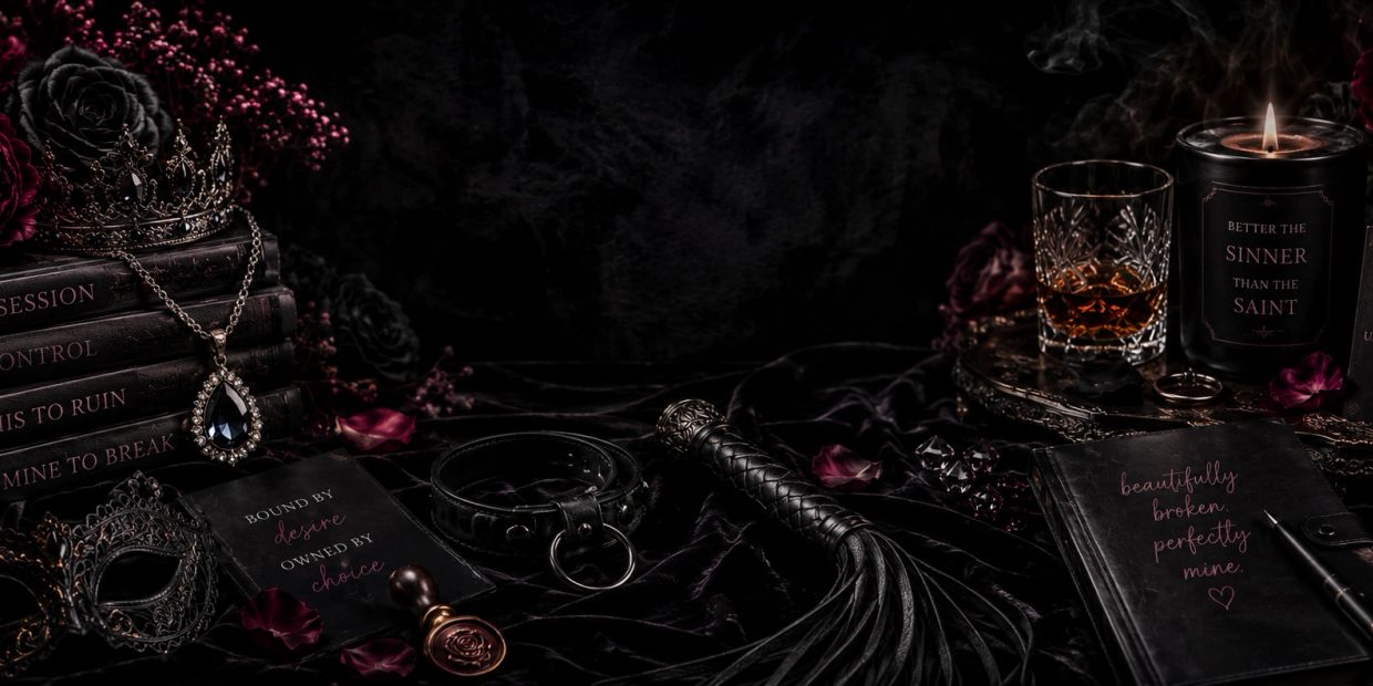 Dark, gothic-themed still life with books, candle, and leather accessories.