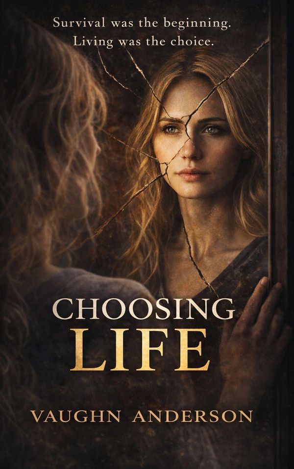 A woman looking into a cracked mirror with the phrase 'Choosing Life'.