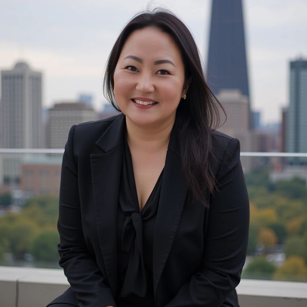 Smiling woman in black blazer against cityscape background.