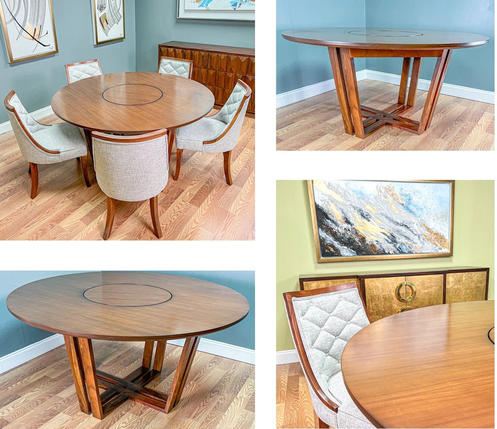 Round dining table with centered lazy susan. Fits up to 6 chairs.