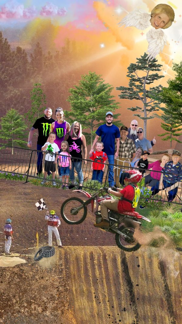 A young motocross rider jumps while family cheers under a vibrant sky with an angelic figure.