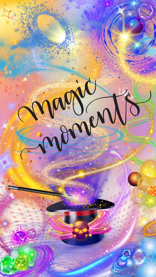Colorful magical scene with a hat, wand, and swirling sparkles.