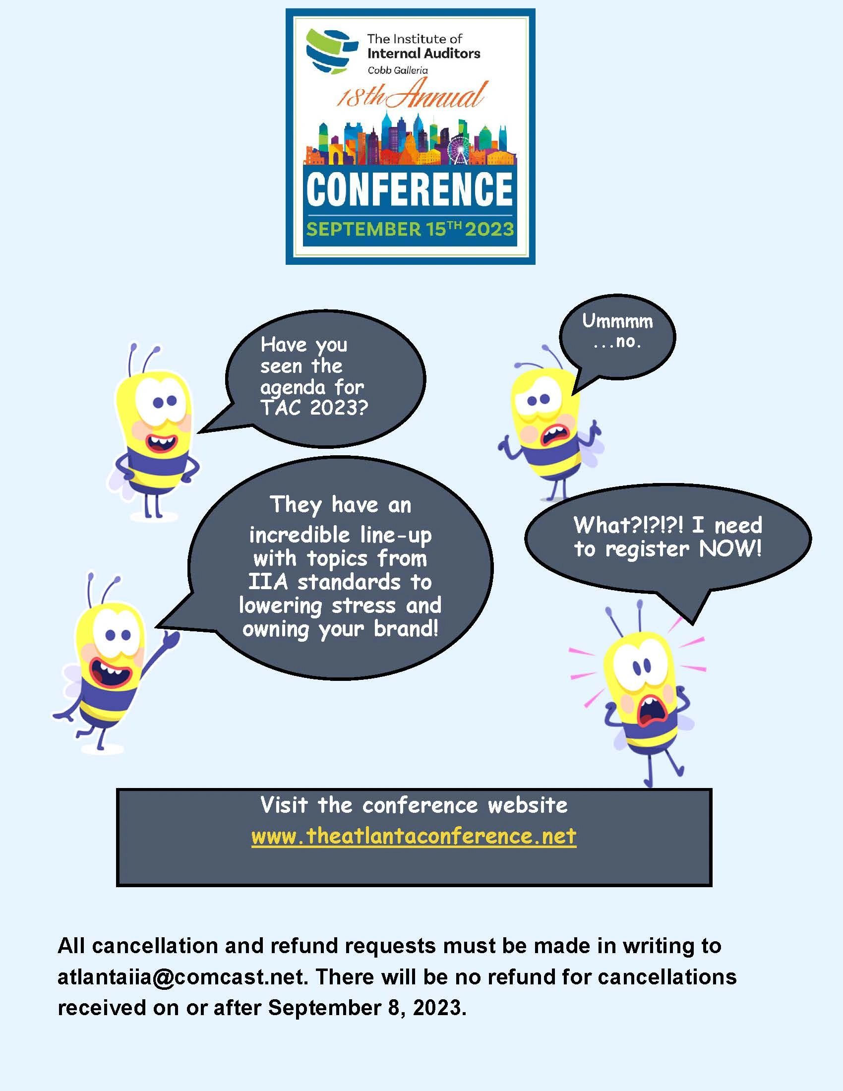 Cartoon bees discuss the IIA 2023 conference agenda and registration.