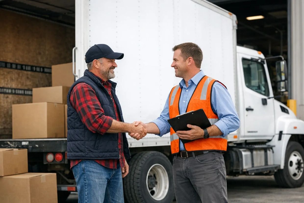 Two men shaking hands near a delivery truck with boxes.