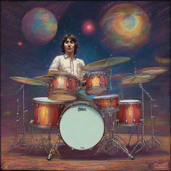 A drummer playing a drum set under a cosmic sky with planets.
