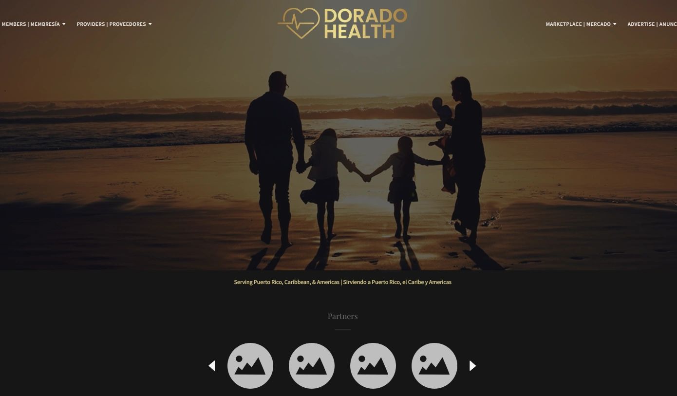 Silhouetted family walking on beach at sunset under Dorado Health logo.