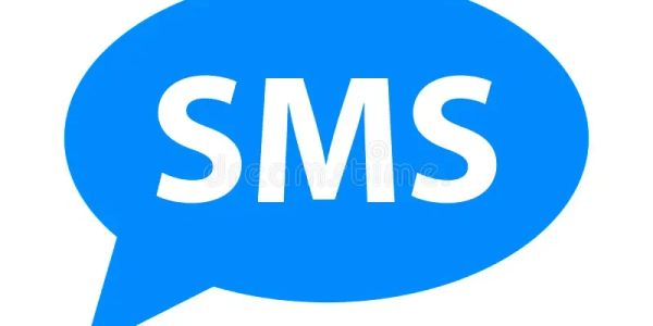 Blue speech bubble with SMS text.