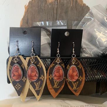 Handmade repurposed leather Louis Vuitton drop earrings