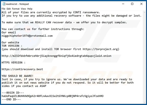 Conti ransom note