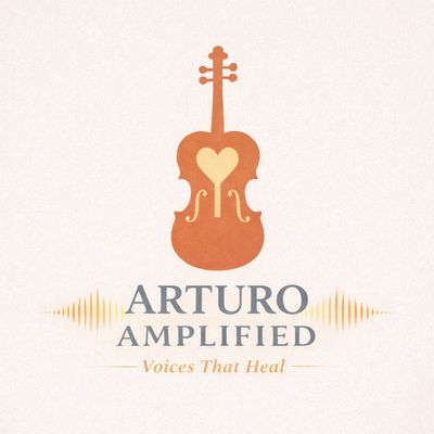 Logo featuring a violin with a heart and sound waves, titled Arturo Amplified.