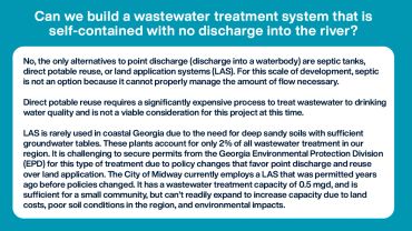 Explanation of wastewater treatment system options and challenges for river discharge.