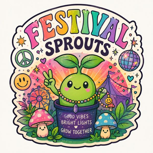 Colorful Festival Sprouts design with happy plant and mushrooms.