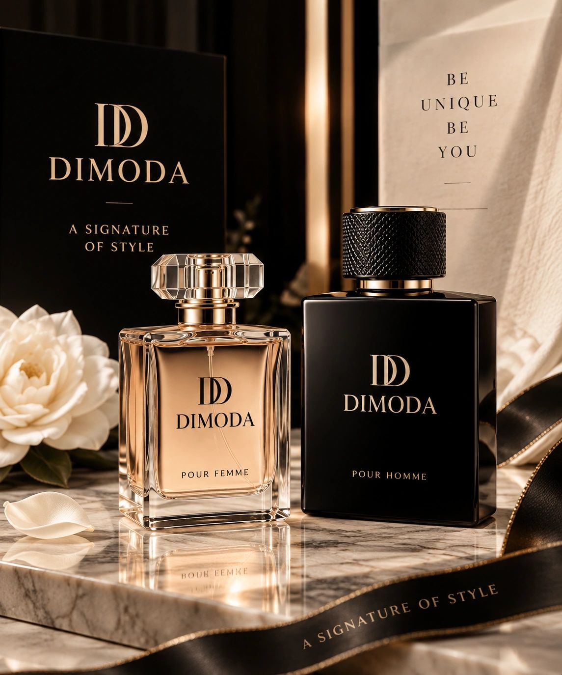Luxury DIMODA perfume bottles in elegant black and champagne tones with refined gold detailing.