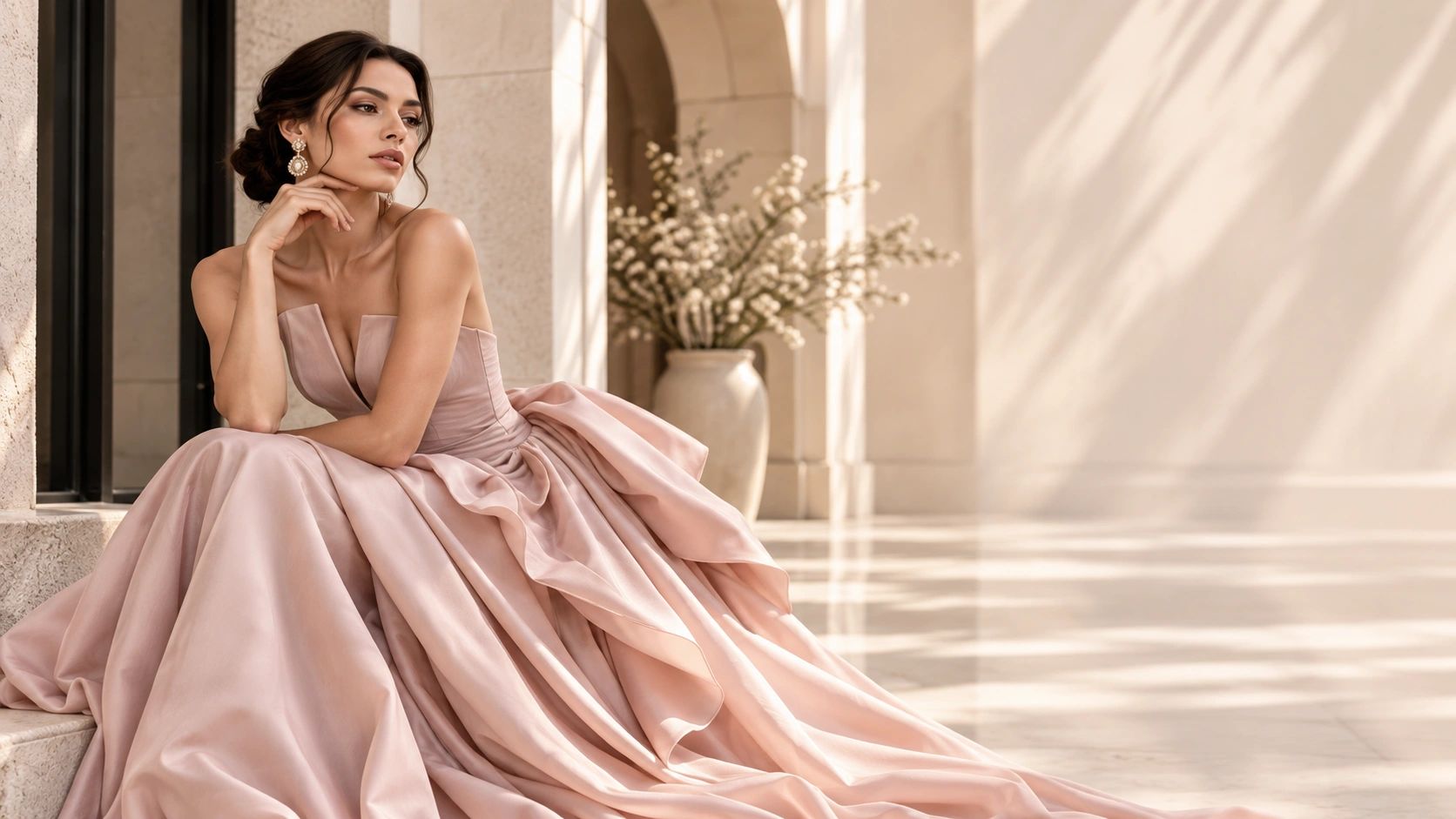 Elegant woman in a blush couture gown.