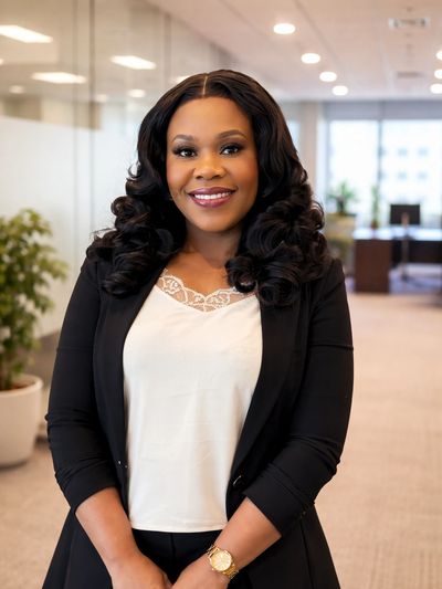 Confident professional woman smiling in a modern office environment.