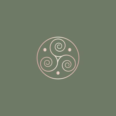 Minimalist circular emblem with three spirals and dots on a muted green background.