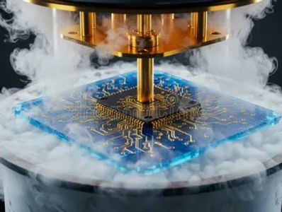 Quantum computer chip being cooled with liquid nitrogen.