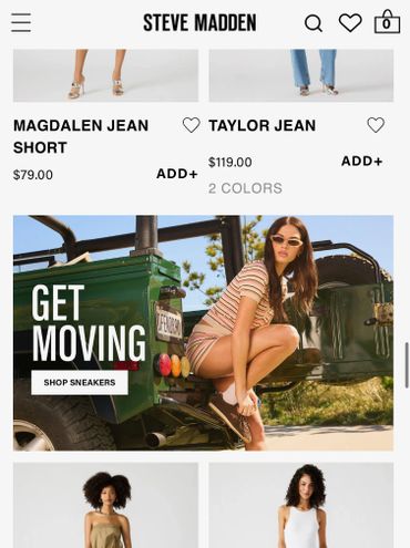 Steve Madden online store showcasing jeans, sneakers, and summer outfits.