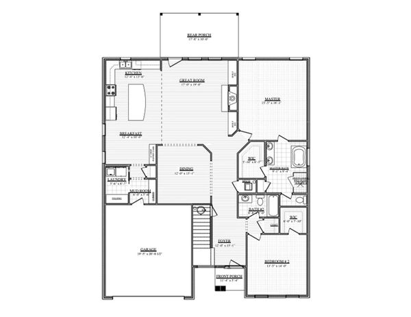 Floor plan of a single-story house with two bedrooms and a garage.