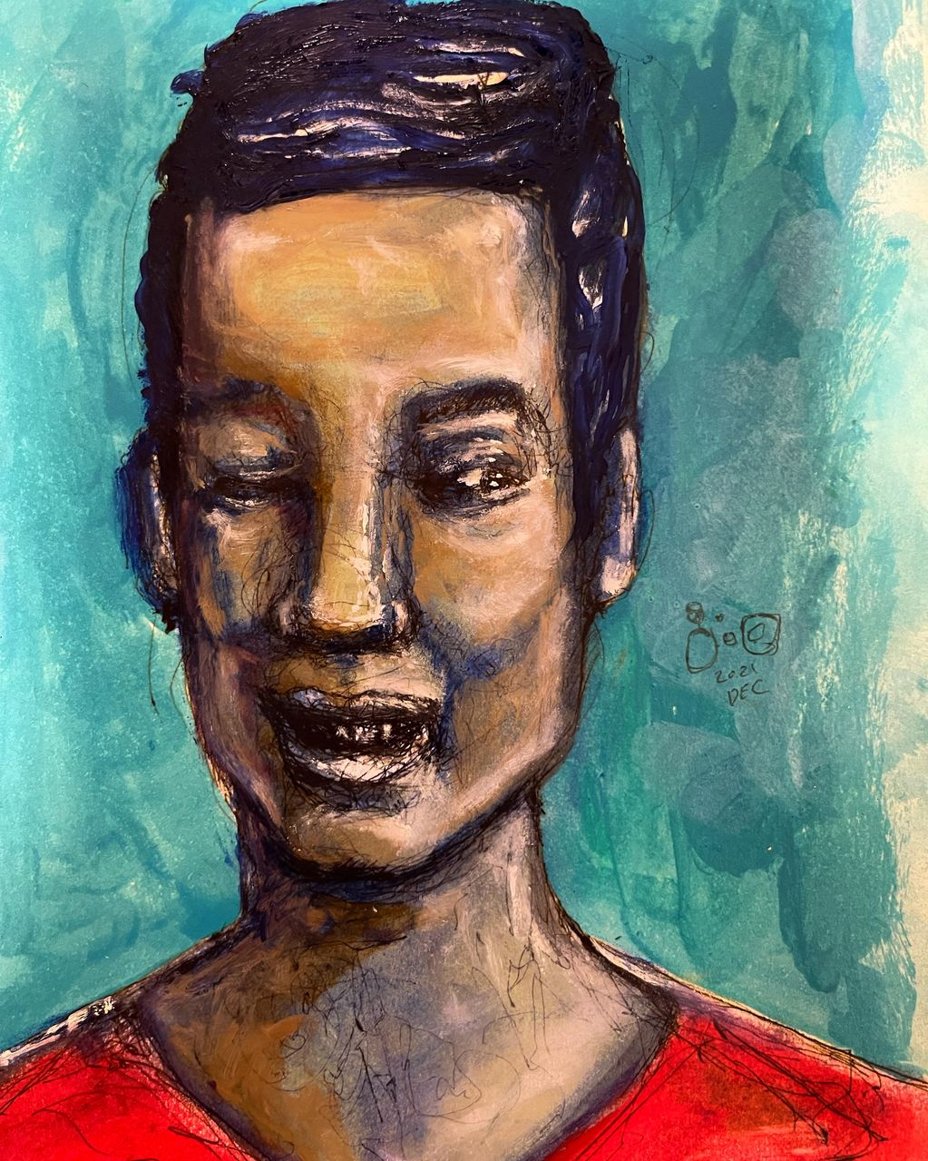Abstract portrait of a man with dark hair and a red shirt against a teal background.