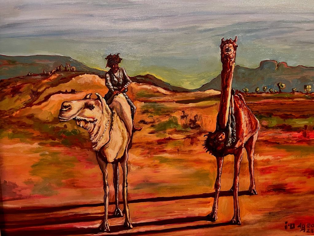 Surreal painting of a person riding a camel beside a tall, elongated camel in a desert landscape.