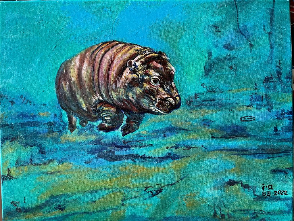 A surreal painting of a floating hippopotamus against a blue abstract background.