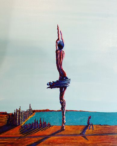 Surreal sculpture of a figure balancing on one leg by the water.