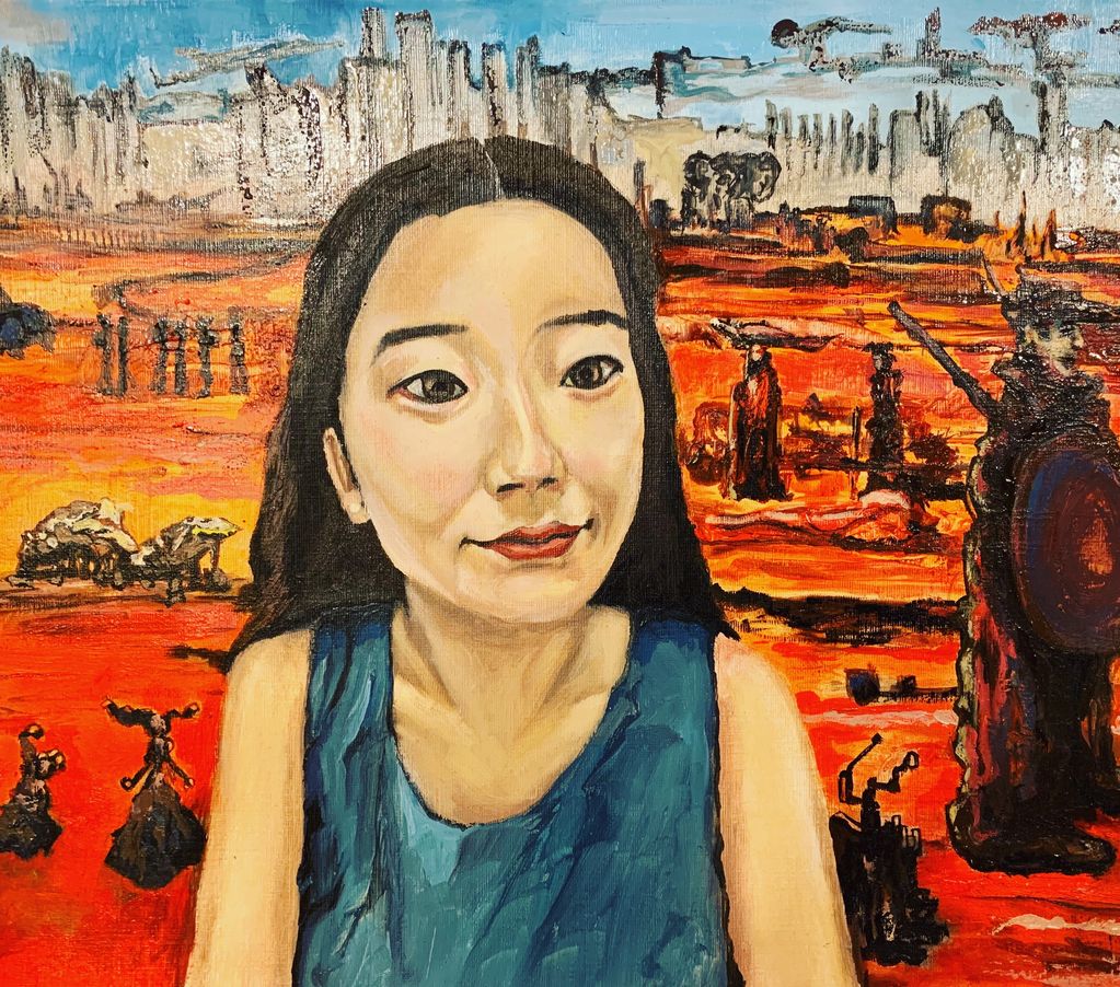 Portrait of a woman with a surreal, fiery orange landscape in the background.