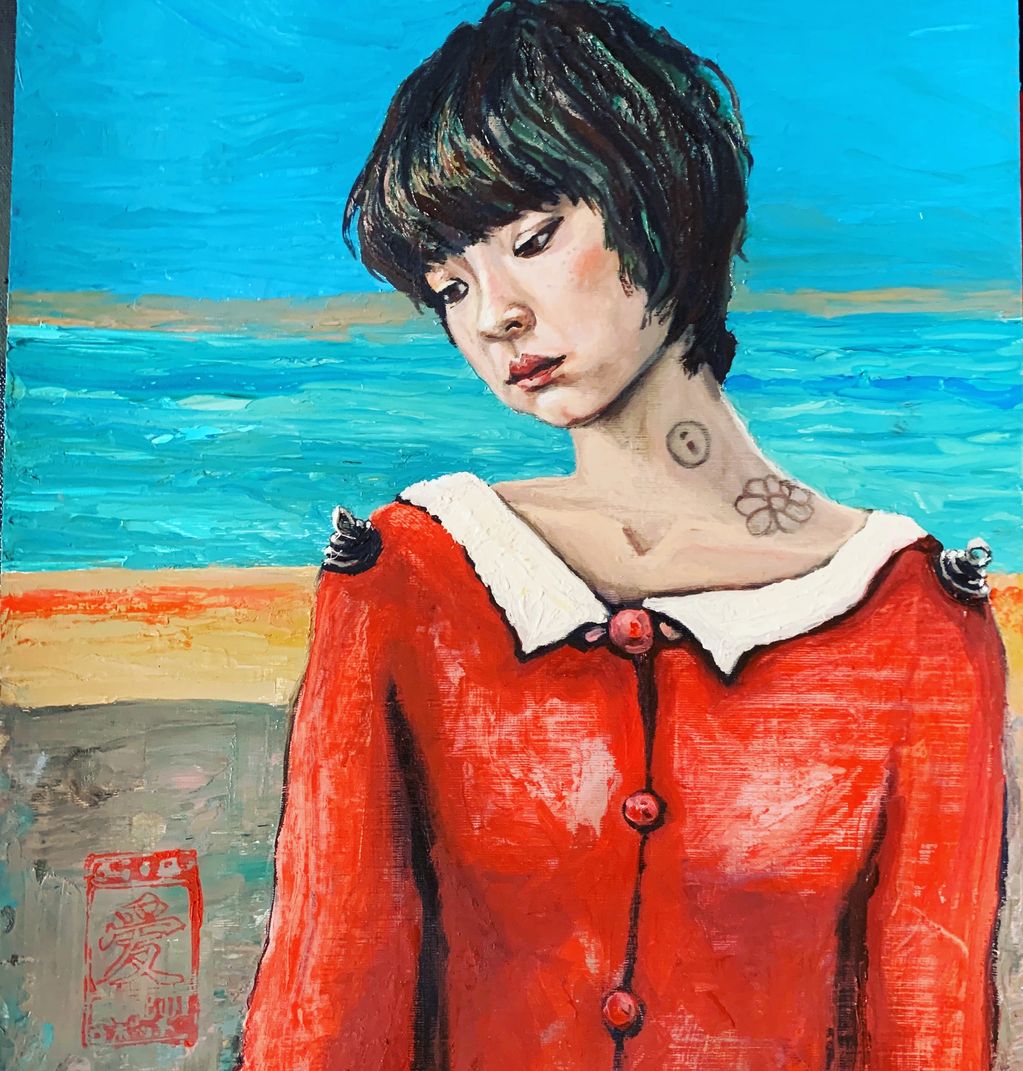 Painting of a woman in a red dress with a blue ocean background.
