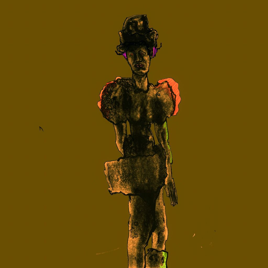 Abstract dark figure with colorful accents on a mustard background.