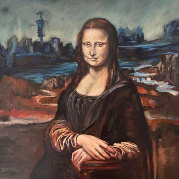 A stylized painting resembling the Mona Lisa with a surreal background.