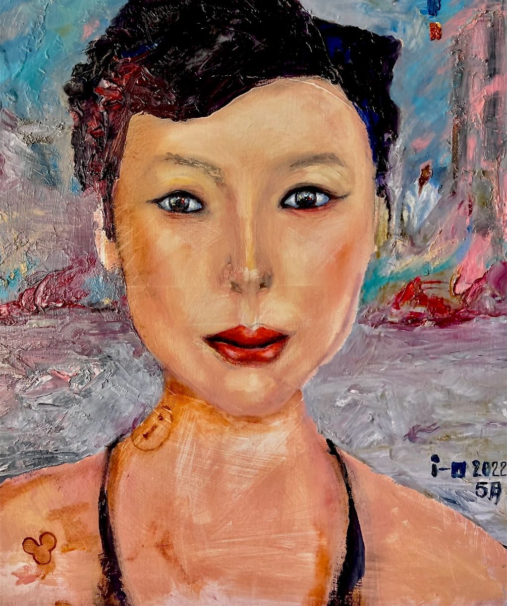Portrait of a woman with expressive eyes and a colorful abstract background.