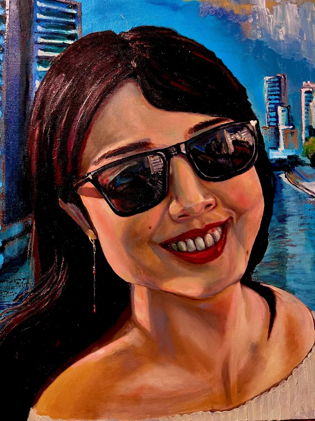 A vibrant portrait of a smiling woman wearing sunglasses with a cityscape background.