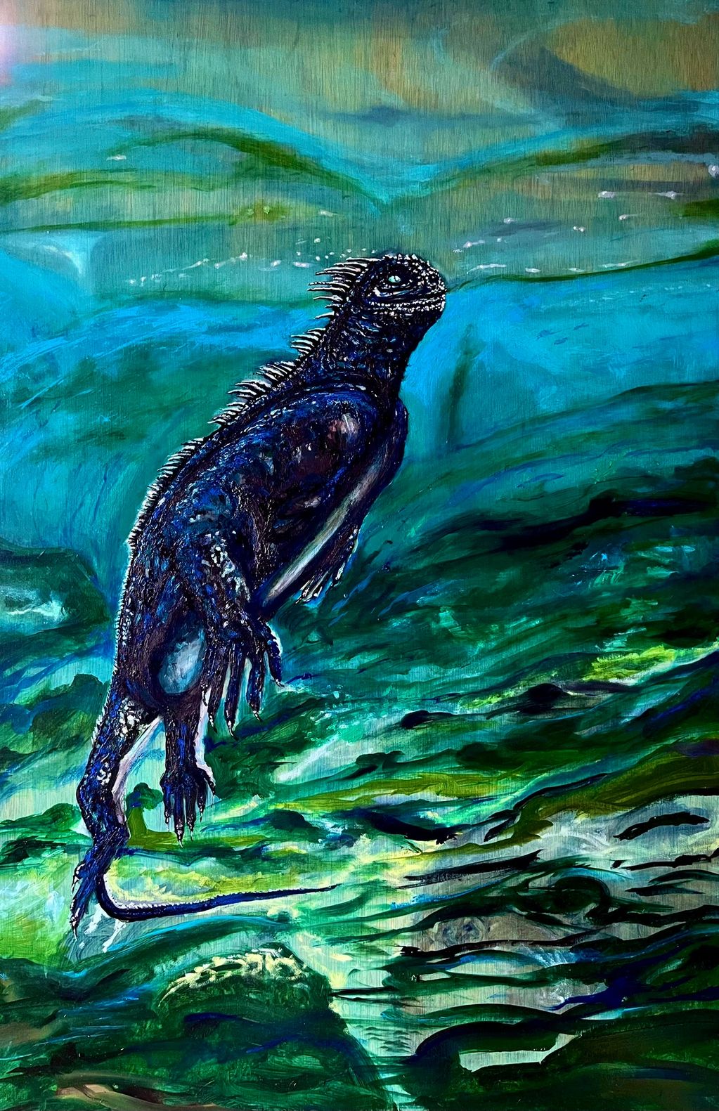 A dark lizard-like creature stands against a vibrant blue-green abstract background.