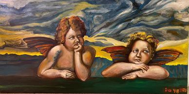 Two thoughtful cherubs with wings against a dramatic sky.