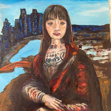 A modern reinterpretation of Mona Lisa with tattoos and vibrant colors.