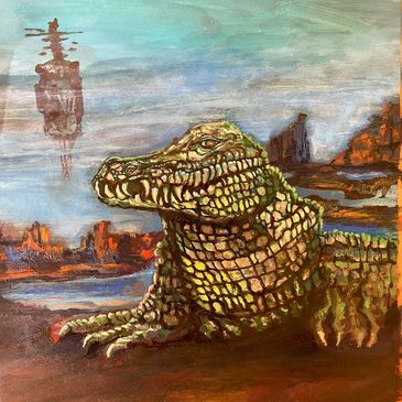 A detailed painting of a crocodile by a body of water with rocky formations.